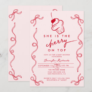 Red Cherry Cupcake Pink Girl Baby Shower Invitation