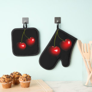 Red Cherry Custom Colour Black Oven Mitt & Pot Holder Set