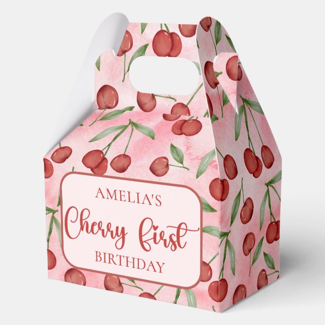Red Cherry First Birthday Favour Boxes (Front)