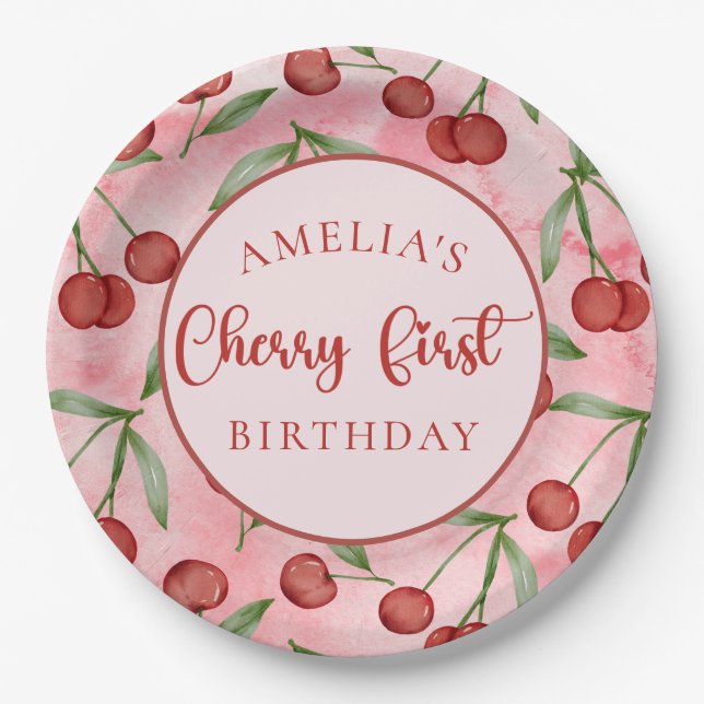 Red Cherry First Birthday Paper Plates (Front)