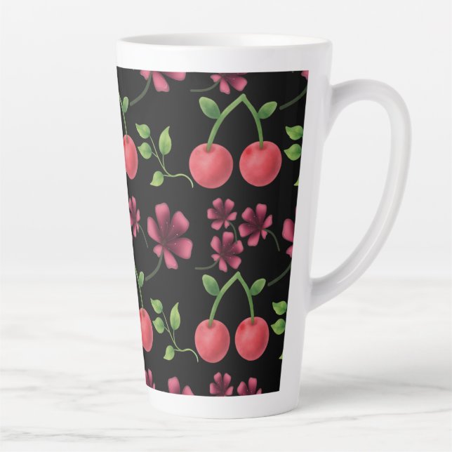 Red Cherry Floral Pattern  Latte Mug (Right)