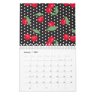 Red Cherry Fruit Green Leaves Black White Dots Calendar