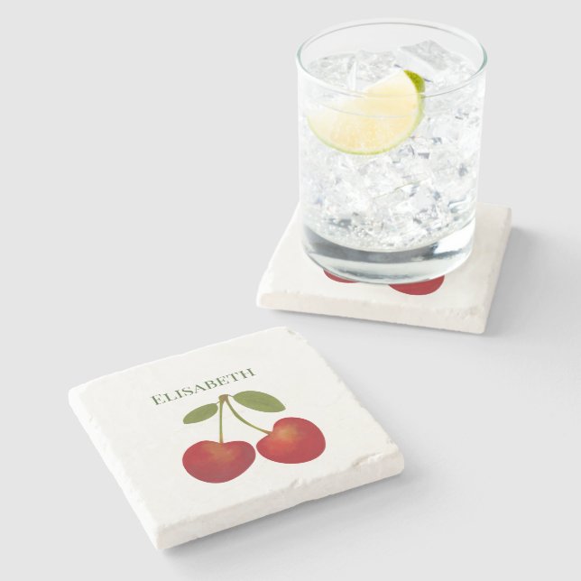 Red Cherry Fruit Personalise Name Stone Coaster (Side)