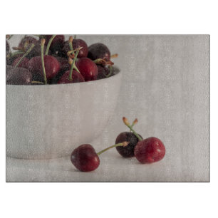 Red Cherry Fruits White Bowl In Muted Tones Photo Cutting Board