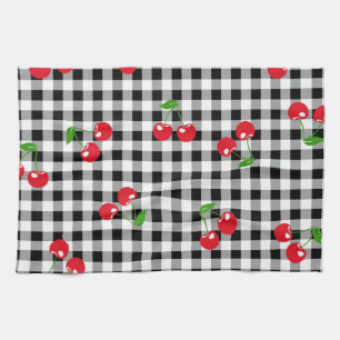 Red Cherry Gingham Black & White Buffalo Plaid  Tea Towel