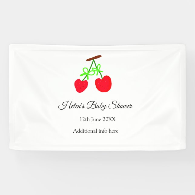 red Cherry green bow add name date baby shower Banner (Horizontal)