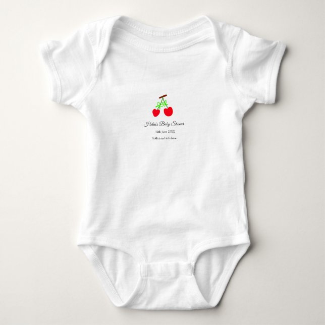 red Cherry green bow add name date baby shower Bodysuit (Front)
