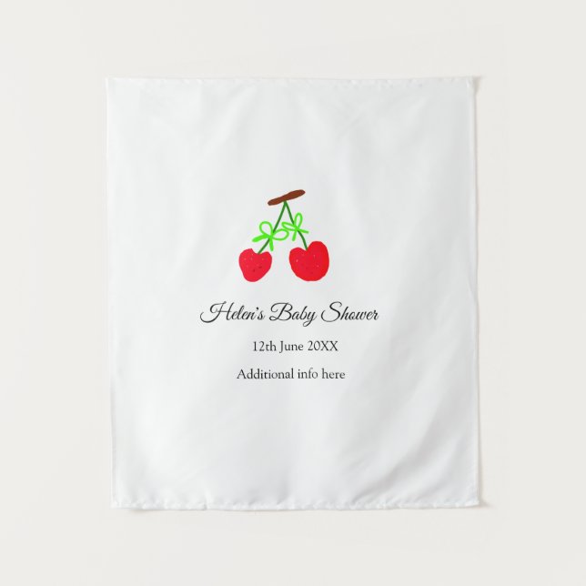 red Cherry green bow add name date baby shower Tapestry (Front)