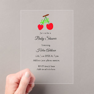 red Cherry green bow add QR baby shower Acrylic Invitations
