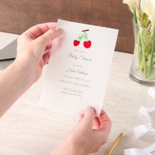 red Cherry green bow add QR baby shower Vellum Invitations