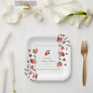 Red Cherry Heart Floral Baby Shower Paper Plate
