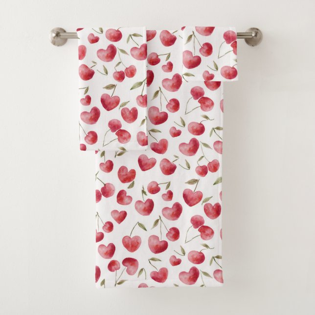 Red Cherry Hearts Bath Towel Set (Insitu)