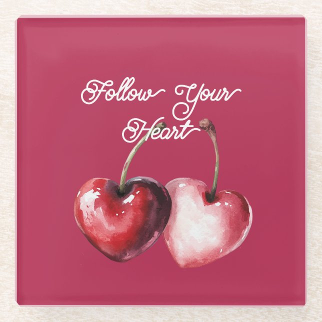 Red Cherry Hearts Glass Coaster (Front)