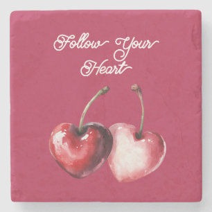 Red Cherry Hearts Stone Coaster