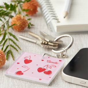 Red Cherry Hearts Whimsical Cute Name Acrylic Key Ring
