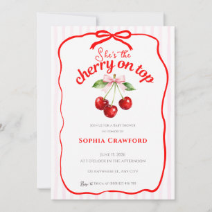 Red Cherry on Top Pink Bow Doodle Baby Shower Invitation
