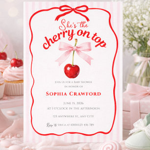 Red Cherry on Top Pink Bow Doodle Baby Shower Invitation