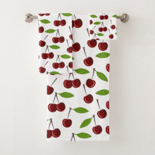 Red Cherry, Pattern Of Cherries, Leaves, Fruit Bath Towel Set