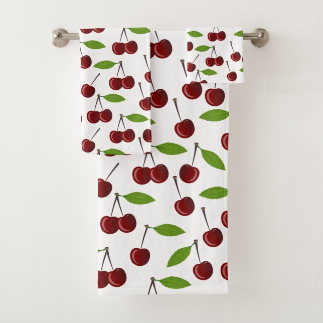 Red Cherry, Pattern Of Cherries, Leaves, Fruit Bath Towel Set (Insitu)