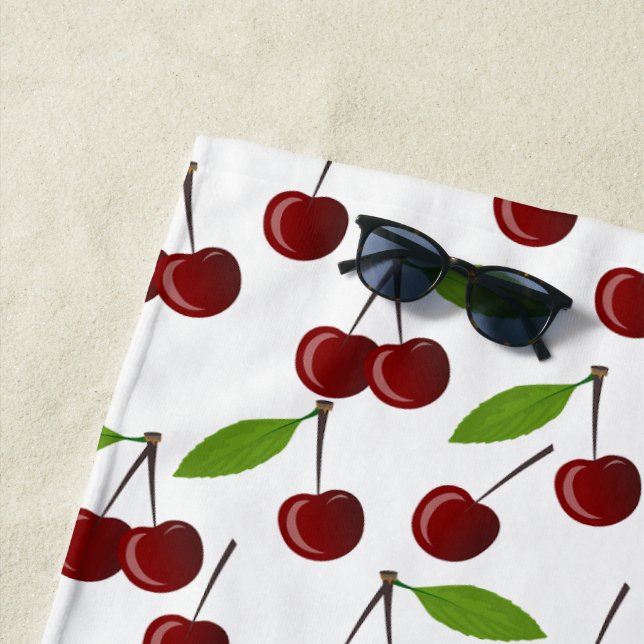 Red Cherry, Pattern Of Cherries, Leaves, Fruit Beach Towel (In Situ)