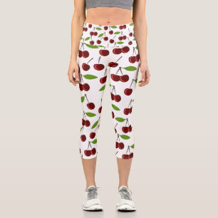 Red Cherry, Pattern Of Cherries, Leaves, Fruit Capri Leggings