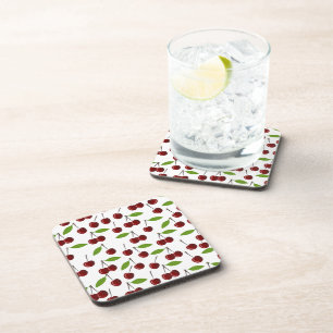 Red Cherry, Pattern Of Cherries, Leaves, Fruit Coaster