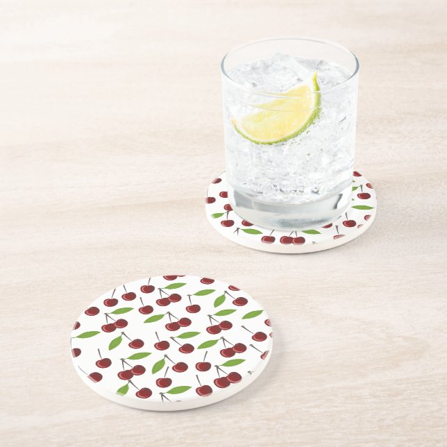 Red Cherry, Pattern Of Cherries, Leaves, Fruit Coaster (Side)