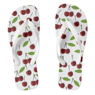 Red Cherry, Pattern Of Cherries, Leaves, Fruit Flip Flops