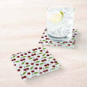 Red Cherry, Pattern Of Cherries, Leaves, Fruit Glass Coaster