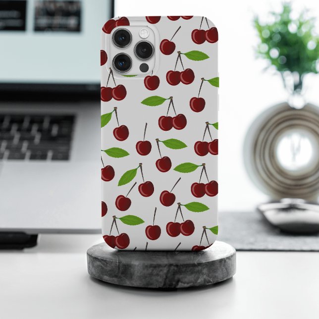 Red Cherry, Pattern Of Cherries, Leaves, Fruit iPhone Case (Creator Uploaded)