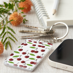 Red Cherry, Pattern Of Cherries, Leaves, Fruit Key Ring