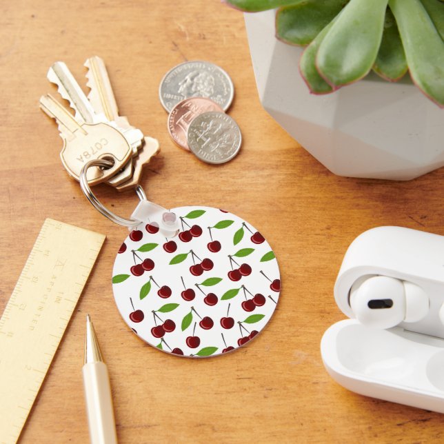 Red Cherry, Pattern Of Cherries, Leaves, Fruit Key Ring (Desk)