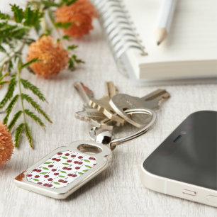 Red Cherry, Pattern Of Cherries, Leaves, Fruit Key Ring