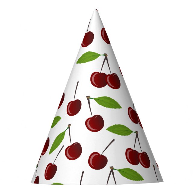 Red Cherry, Pattern Of Cherries, Leaves, Fruit Party Hat (Front)