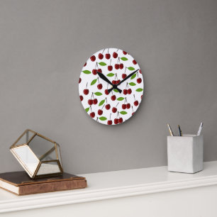 Red Cherry, Pattern Of Cherries, Leaves, Fruit Round Clock