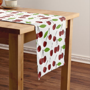 Red Cherry, Pattern Of Cherries, Leaves, Fruit Short Table Runner