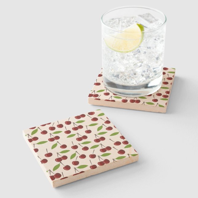 Red Cherry, Pattern Of Cherries, Leaves, Fruit Stone Coaster (Side)
