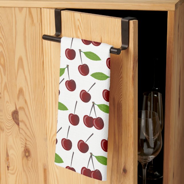 Red Cherry, Pattern Of Cherries, Leaves, Fruit Tea Towel (Thirds Fold)