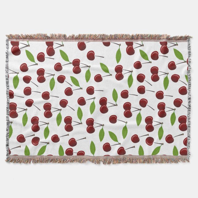 Red Cherry, Pattern Of Cherries, Leaves, Fruit Throw Blanket (Front)