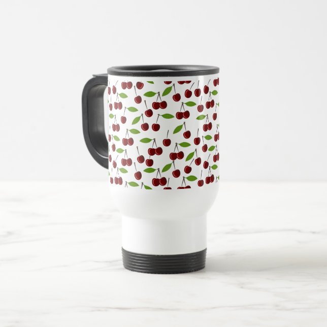 Red Cherry, Pattern Of Cherries, Leaves, Fruit Travel Mug (Front Left)