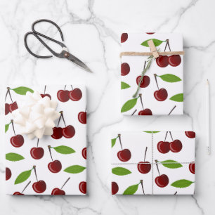 Red Cherry, Pattern Of Cherries, Leaves, Fruit Wrapping Paper Sheet