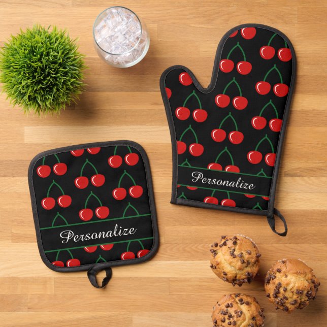 Red cherry print personalised kitchen oven mitt & pot holder set (Top Down)