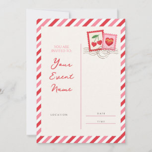 Red Cherry Stamp Pink Candy Stripe Postcard
