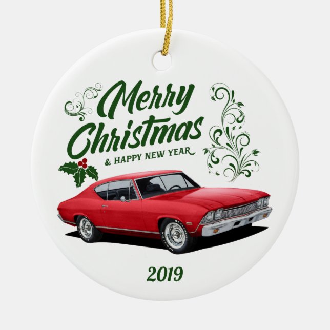 Red Chevelle Muscle Car Christmas Ceramic Tree Decoration (Front)