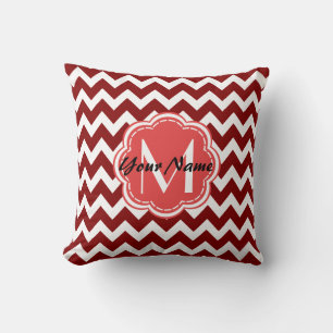 Red Chevron Floral Monogram, Personalised Name Cushion