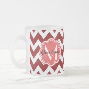 Red Chevron Floral Monogram, Personalised Name Frosted Glass Coffee Mug