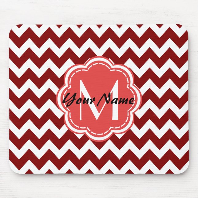 Red Chevron Floral Monogram, Personalised Name Mouse Mat (Front)