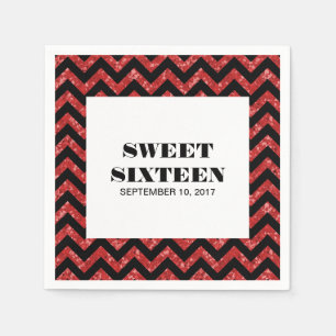 Red Chevron Glitter Sweet 16 Paper Napkins