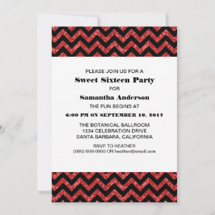 Red Chevron Glitter Sweet 16 Party Invite