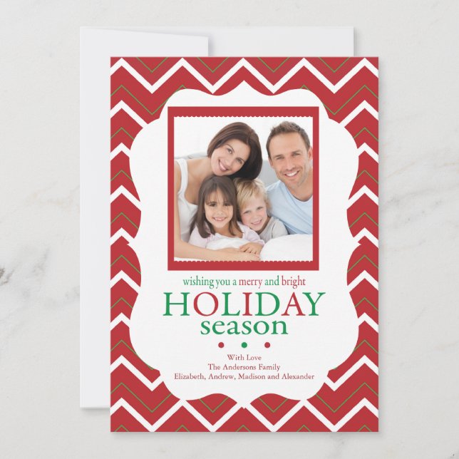 Red Chevron Stripe Retro Holiday Photo Card (Front)